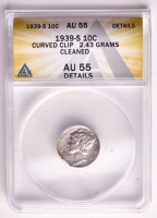Mint Error 1939-S Mercury Dime Curved Clip 2.43 Grams (ANACS AU55 Details) at PristineAuction.com
