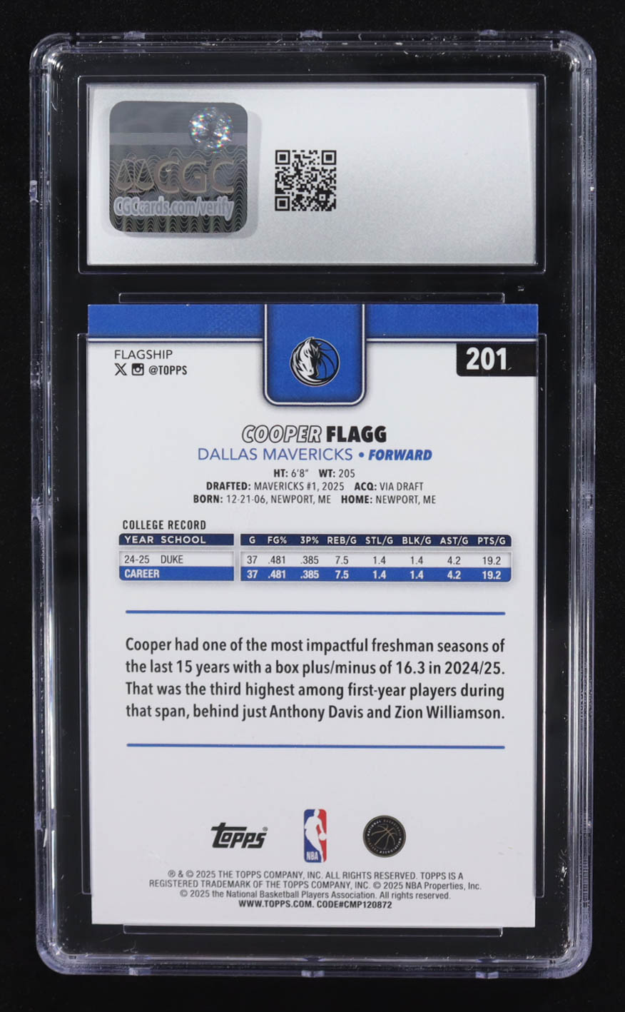 Cooper Flagg 2025-26 Topps #201 RC (CGC 10) at PristineAuction.com Cooper Flagg 2025-26 Topps #201 RC (CGC 10) at PristineAuction.com