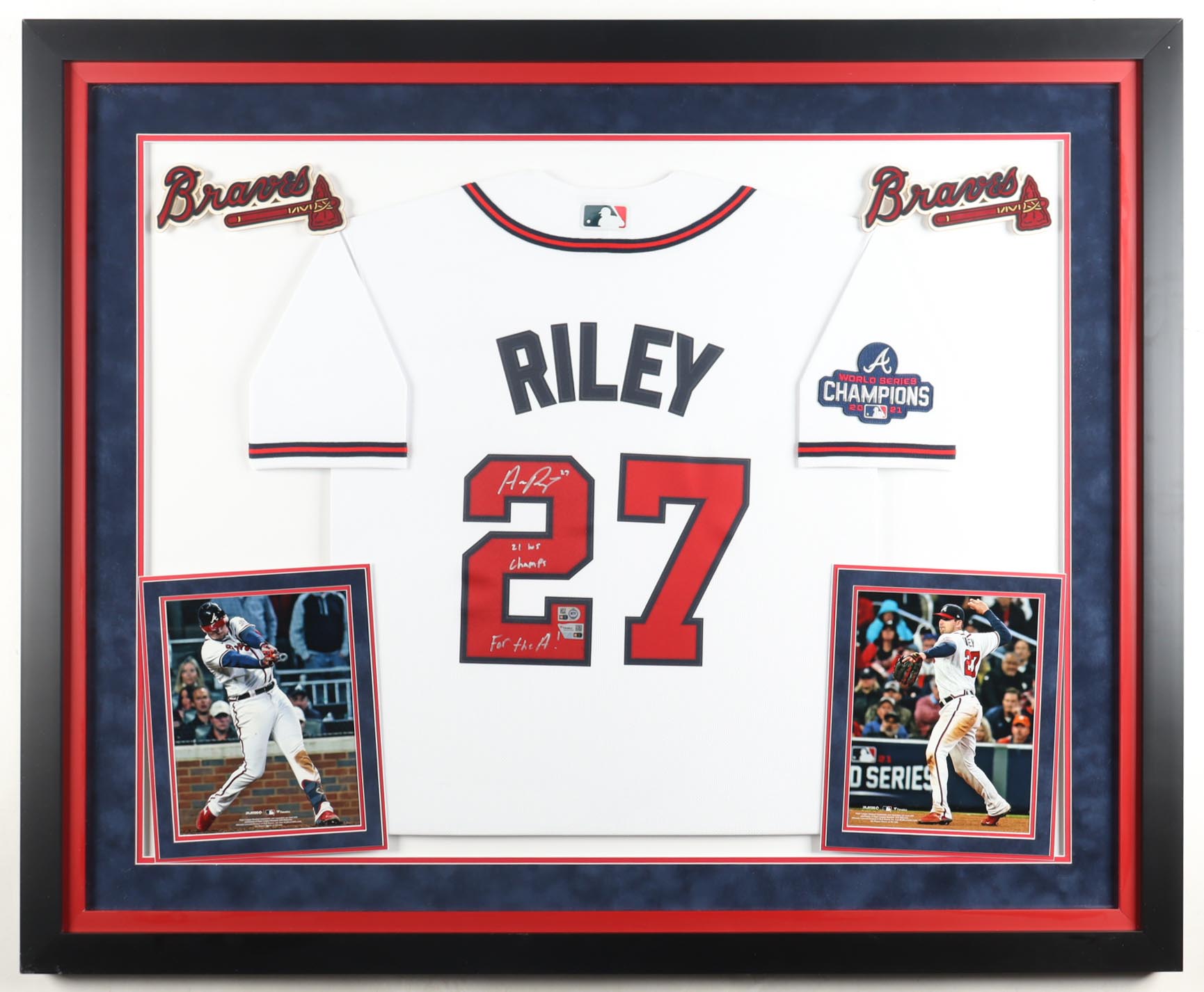Austin Riley Signed Custom Framed Jersey Display with Photos Inscribed "For the A!" & "21 WS Champs" (MLB & Fanatics) at PristineAuction.com Austin Riley Signed Custom Framed Jersey Display with Photos Inscribed "For the A!" & "21 WS Champs" (MLB & Fanatics) at PristineAuction.com