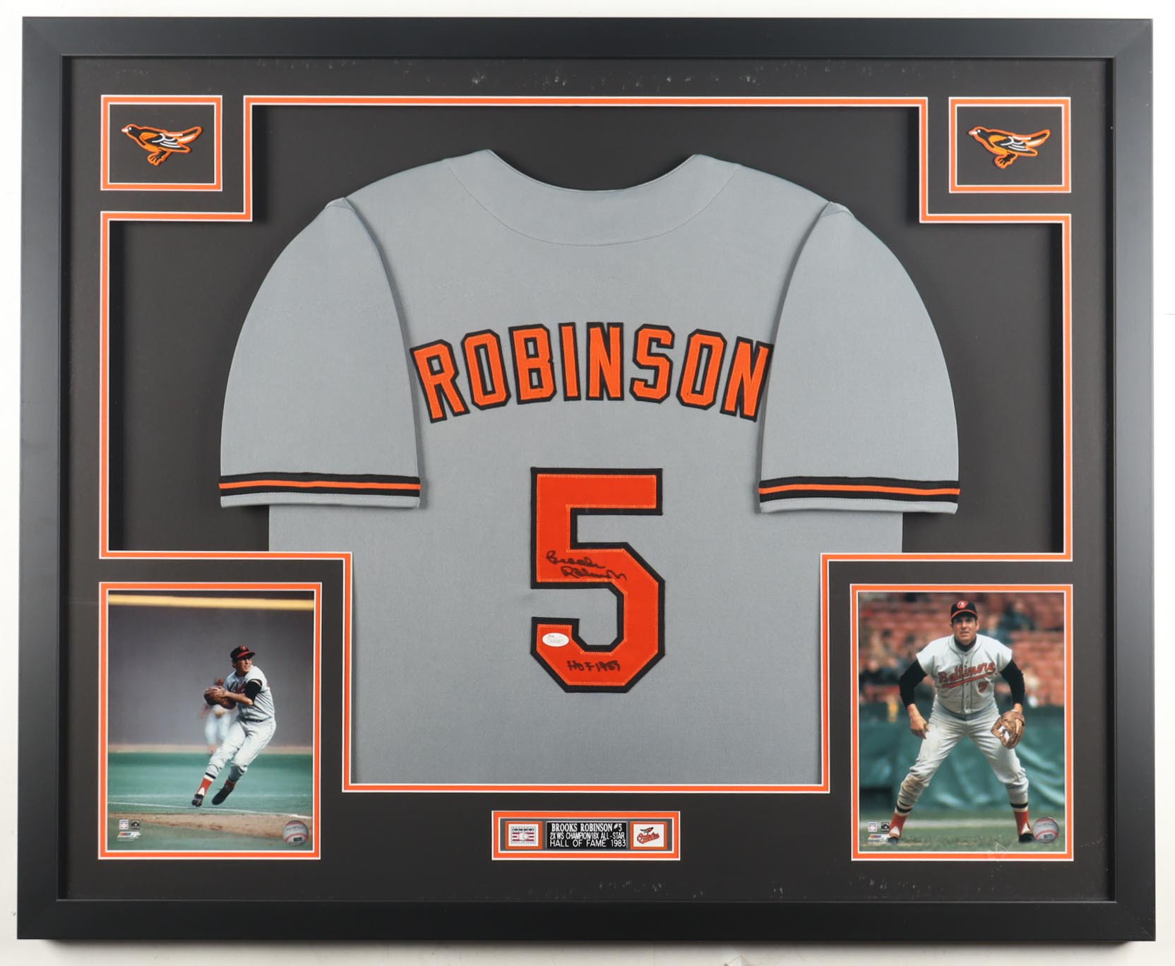 Brooks Robinson Signed Custom Framed Jersey Display with Photos Inscribed "HOF 1983" (JSA) at PristineAuction.com Brooks Robinson Signed Custom Framed Jersey Display with Photos Inscribed "HOF 1983" (JSA) at PristineAuction.com