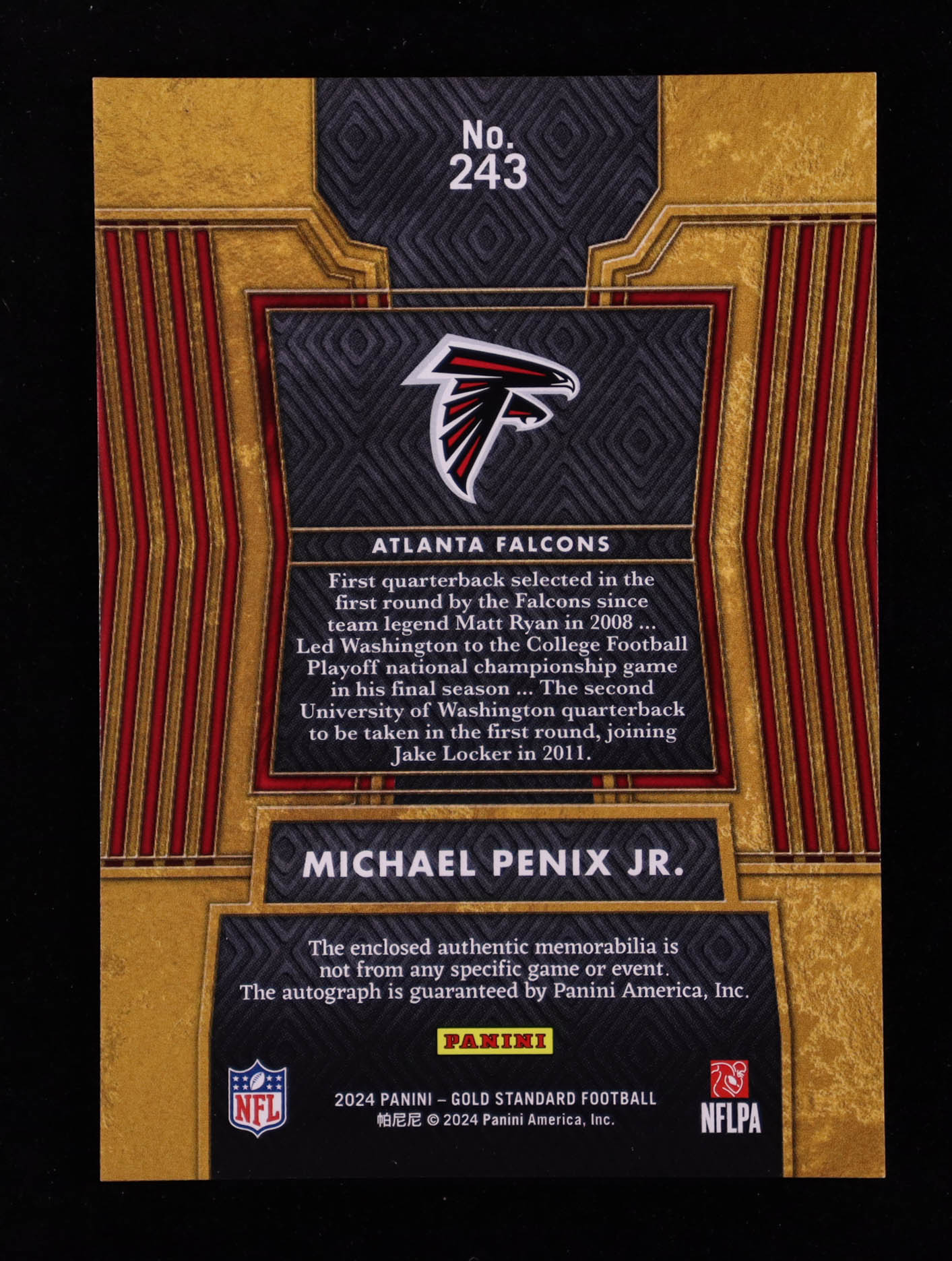 Michael Penix Jr. 2024 Panini Gold Standard Jersey Autographs White Gold #243 RC #15/75 at PristineAuction.com Michael Penix Jr. 2024 Panini Gold Standard Jersey Autographs White Gold #243 RC #15/75 at PristineAuction.com