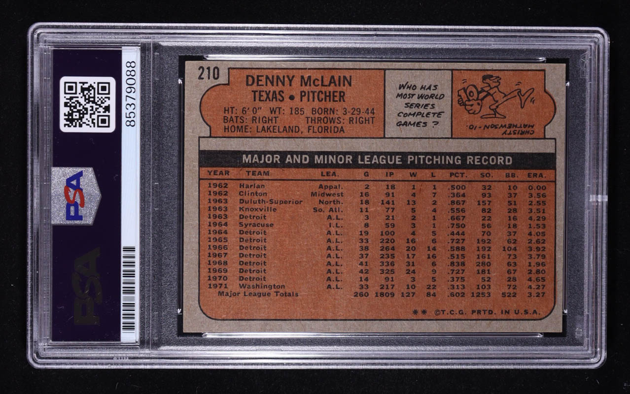 Denny Mclain Signed 1972 O-Pee-Chee Inscribed "31-6, 1968" #210 (PSA | Autograph Graded PSA 10) at PristineAuction.com Denny Mclain Signed 1972 O-Pee-Chee Inscribed "31-6, 1968" #210 (PSA | Autograph Graded PSA 10) at PristineAuction.com