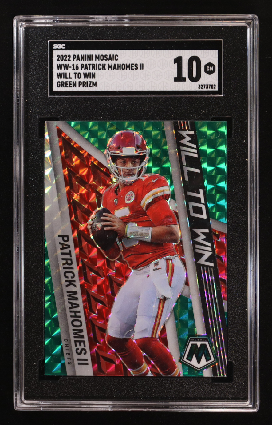 Patrick Mahomes II 2022 Panini Mosaic Will to Win Mosaic Green #16 (SGC 10) at PristineAuction.com Patrick Mahomes II 2022 Panini Mosaic Will to Win Mosaic Green #16 (SGC 10) at PristineAuction.com
