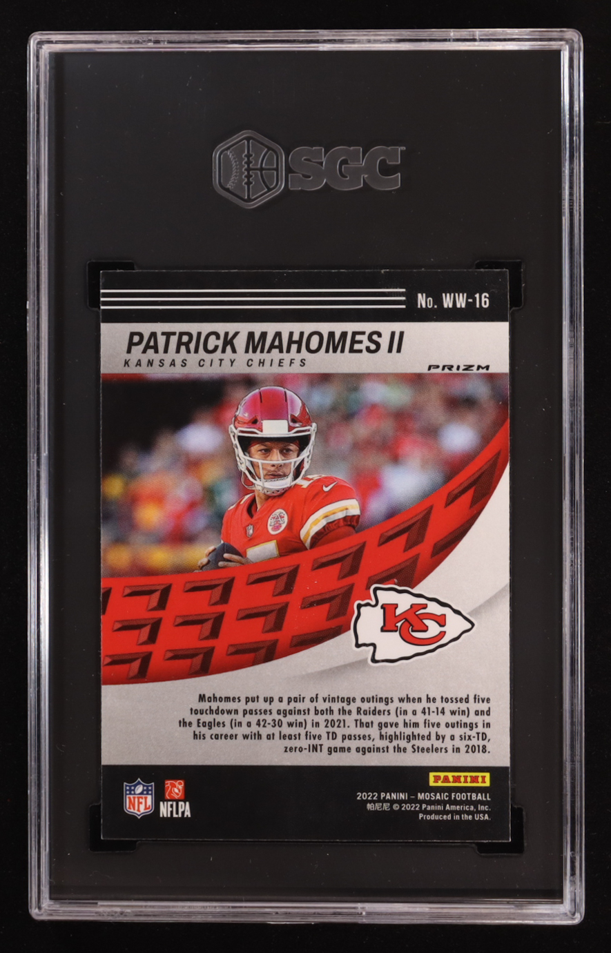 Patrick Mahomes II 2022 Panini Mosaic Will to Win Mosaic Green #16 (SGC 10) at PristineAuction.com Patrick Mahomes II 2022 Panini Mosaic Will to Win Mosaic Green #16 (SGC 10) at PristineAuction.com