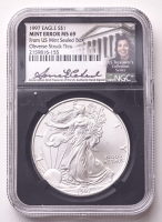 Mint Error 1997 $1 Silver Eagle Obverse Struck Thru Black Core Holder - Anna Cabral Collection Series (NGC MS69) at PristineAuction.com