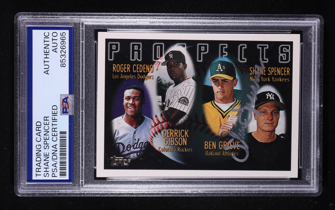 Roger Cedeno / Derrick Gibson / Ben Grieve / Shane Spencer Signed 1996 Topps Prospects Outfielders #436 RC (PSA) at PristineAuction.com Roger Cedeno / Derrick Gibson / Ben Grieve / Shane Spencer Signed 1996 Topps Prospects Outfielders #436 RC (PSA) at PristineAuction.com