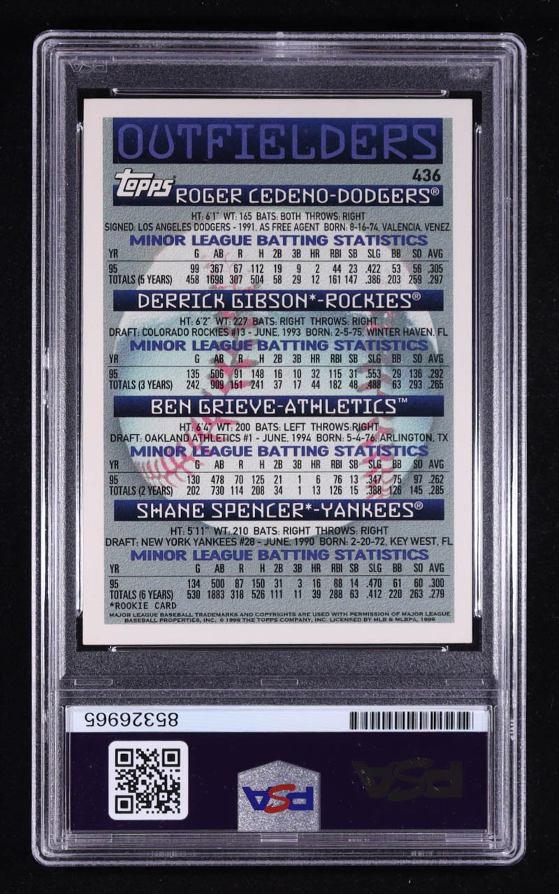 Roger Cedeno / Derrick Gibson / Ben Grieve / Shane Spencer Signed 1996 Topps Prospects Outfielders #436 RC (PSA) at PristineAuction.com Roger Cedeno / Derrick Gibson / Ben Grieve / Shane Spencer Signed 1996 Topps Prospects Outfielders #436 RC (PSA) at PristineAuction.com