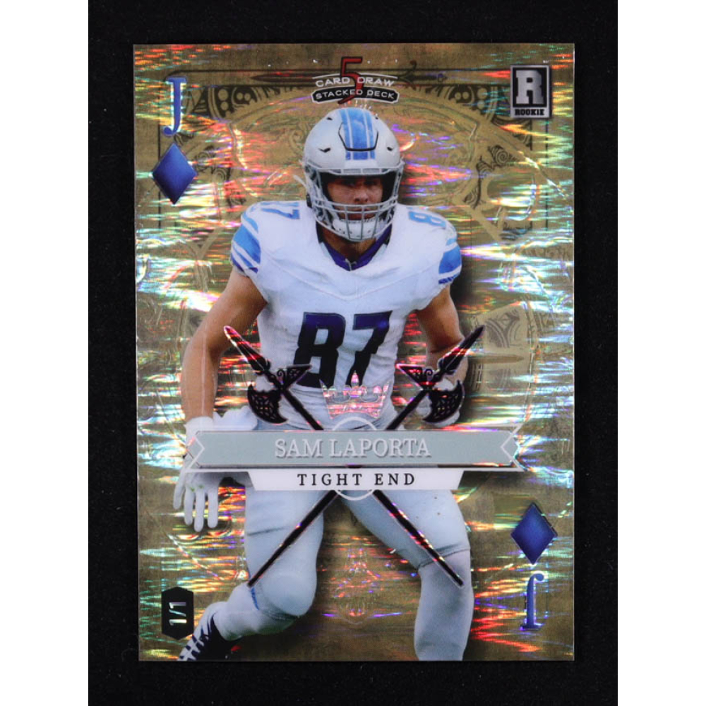 Sam LaPorta 2023 Wild Card 5 Card Draw Stacked Deck Jack of Diamonds Gold Raywave #SDSL #1/1 RC at PristineAuction.com