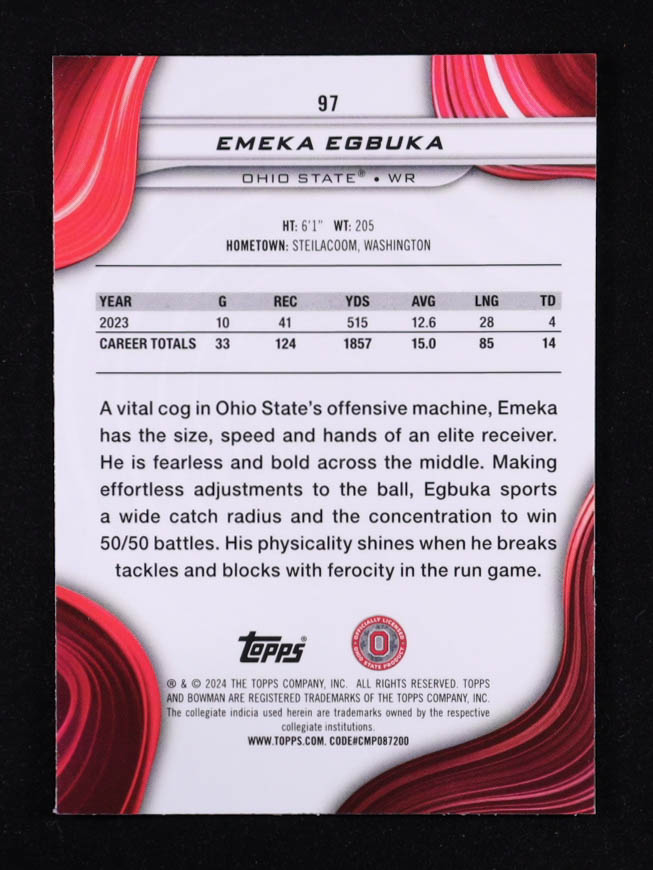 Emeka Egbuka 2024 Bowman Best University Aqua Refractor #83/225 #97 at PristineAuction.com Emeka Egbuka 2024 Bowman Best University Aqua Refractor #83/225 #97 at PristineAuction.com