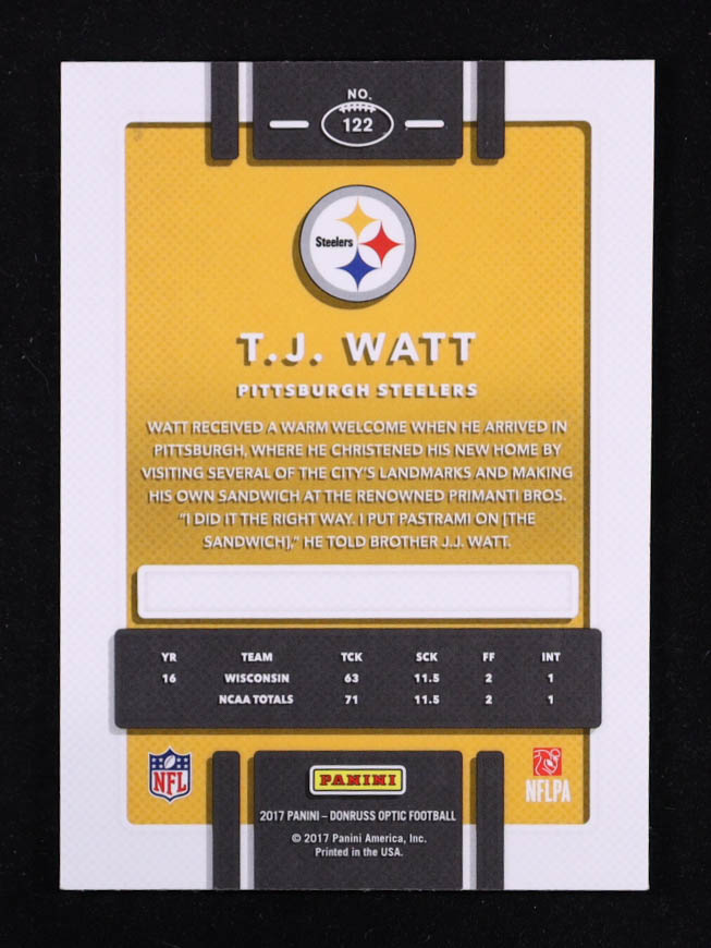 T.J. Watt 2017 Donruss Optic #122 RC at PristineAuction.com T.J. Watt 2017 Donruss Optic #122 RC at PristineAuction.com