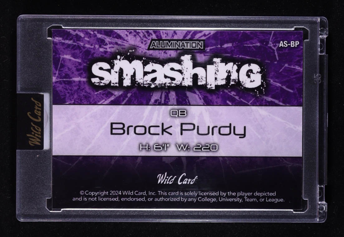 Brock Purdy 2024 Wild Card Alumination Smashing Purple Rainbow Foil #AS-BP #05/25 at PristineAuction.com Brock Purdy 2024 Wild Card Alumination Smashing Purple Rainbow Foil #AS-BP #05/25 at PristineAuction.com