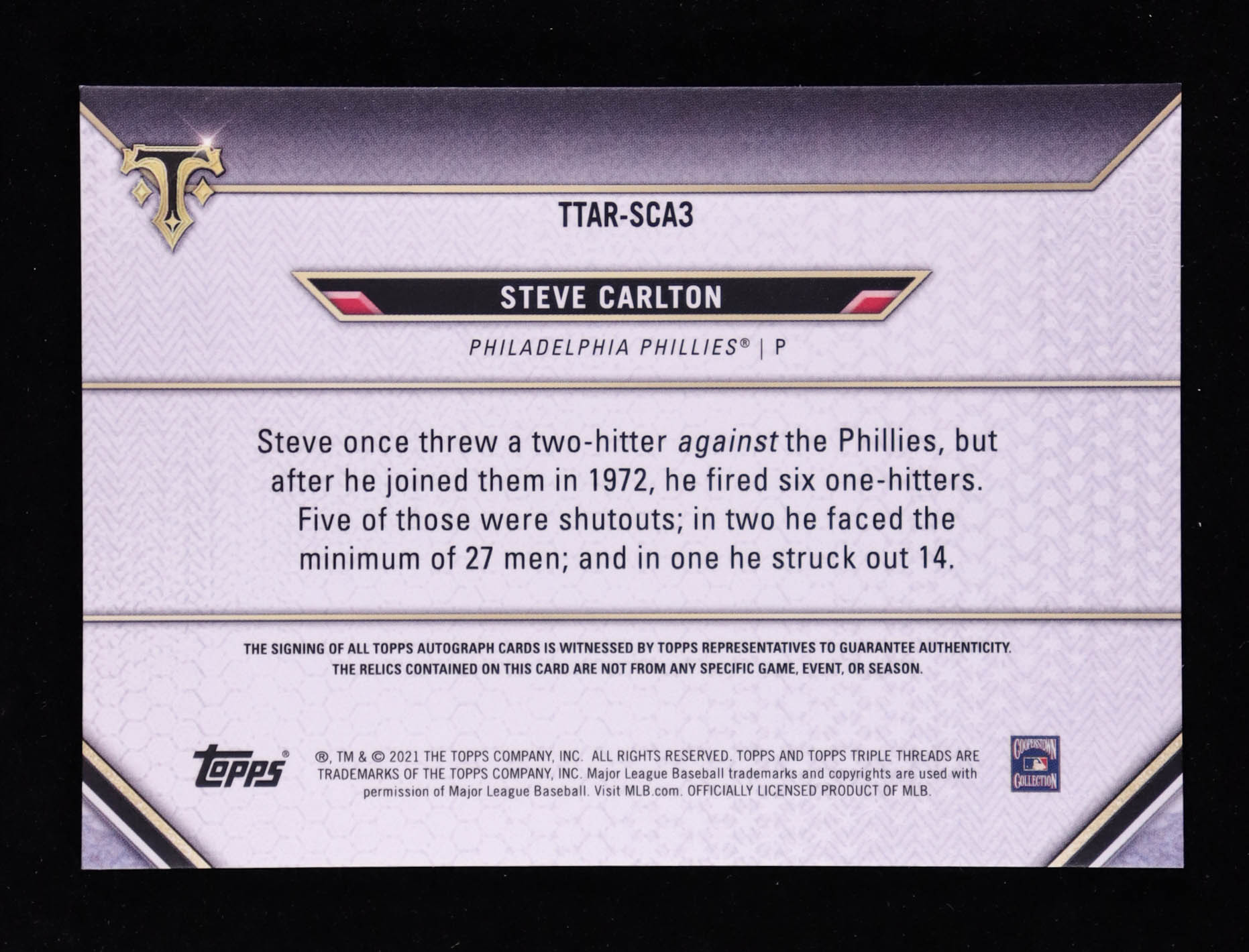 Steve Carlton 2021 Topps Triple Threads Autograph Relics Gold #TTARSCA3 #2/9 at PristineAuction.com Steve Carlton 2021 Topps Triple Threads Autograph Relics Gold #TTARSCA3 #2/9 at PristineAuction.com