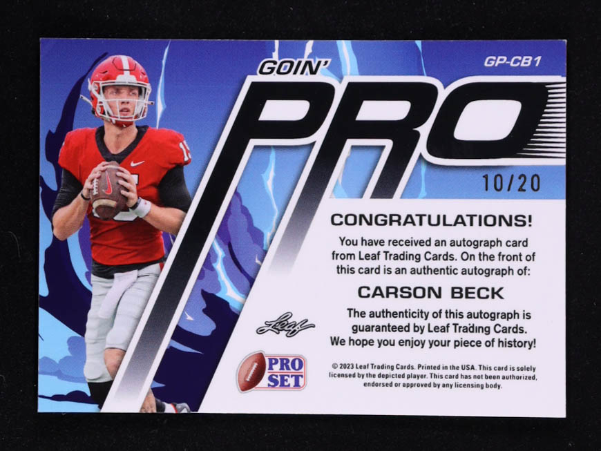 Carson Beck 2023 Pro Set Metal Goin' Pro Autographs Blue Prismatic #GPCB1 #10/20 RC at PristineAuction.com Carson Beck 2023 Pro Set Metal Goin' Pro Autographs Blue Prismatic #GPCB1 #10/20 RC at PristineAuction.com