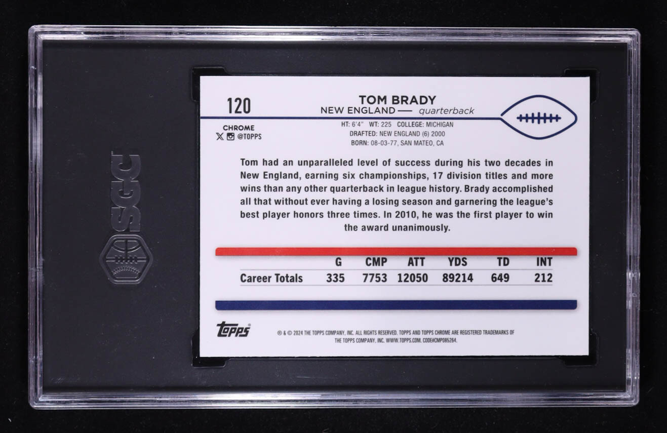 Tom Brady 2024 Topps Chrome Magenta Speckle Refractor #120 #154/399 (SGC 9) at PristineAuction.com Tom Brady 2024 Topps Chrome Magenta Speckle Refractor #120 #154/399 (SGC 9) at PristineAuction.com