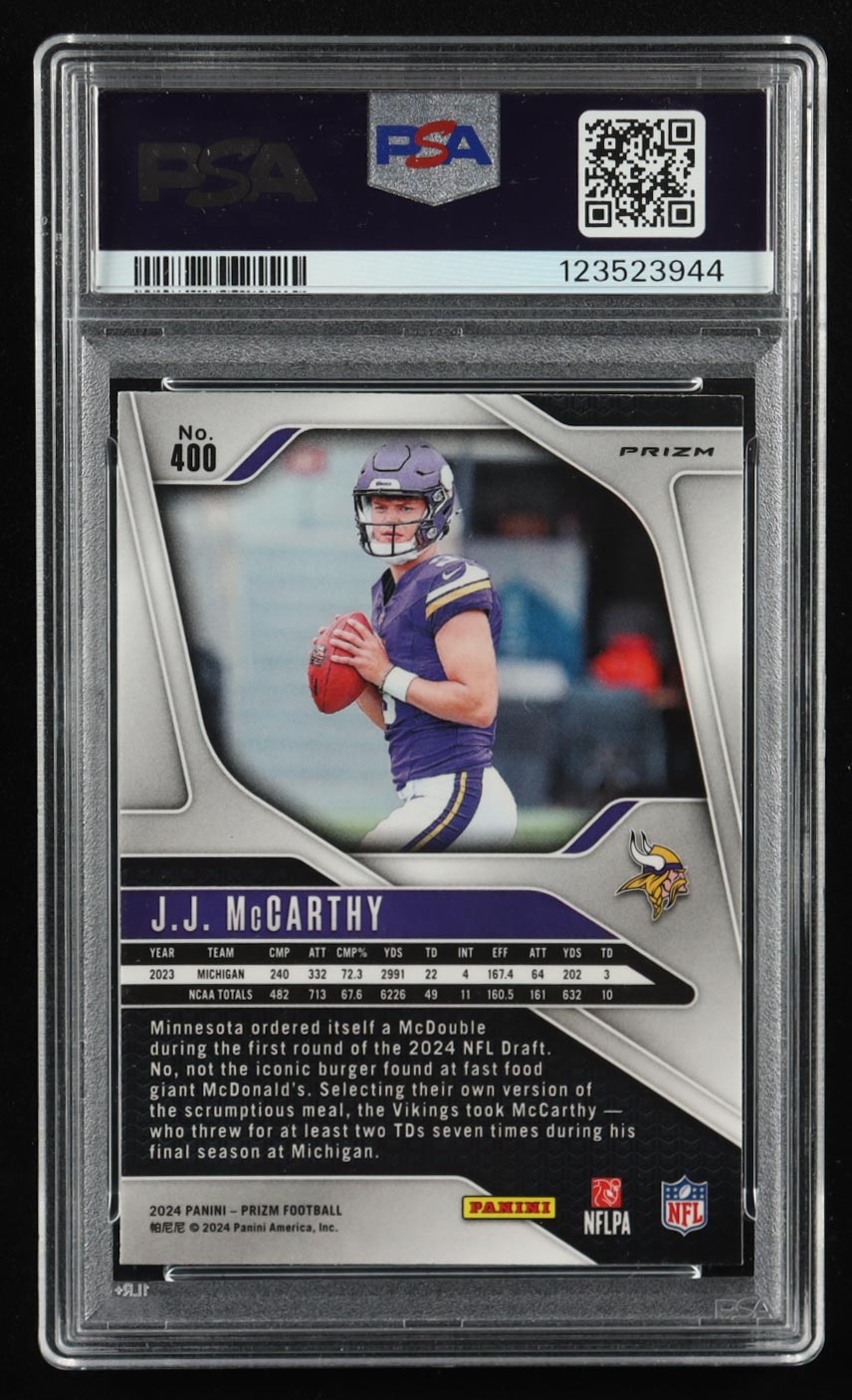 JJ McCarthy 2024 Panini Prizm Prizms Lazer #400 RC (PSA 9) at PristineAuction.com JJ McCarthy 2024 Panini Prizm Prizms Lazer #400 RC (PSA 9) at PristineAuction.com
