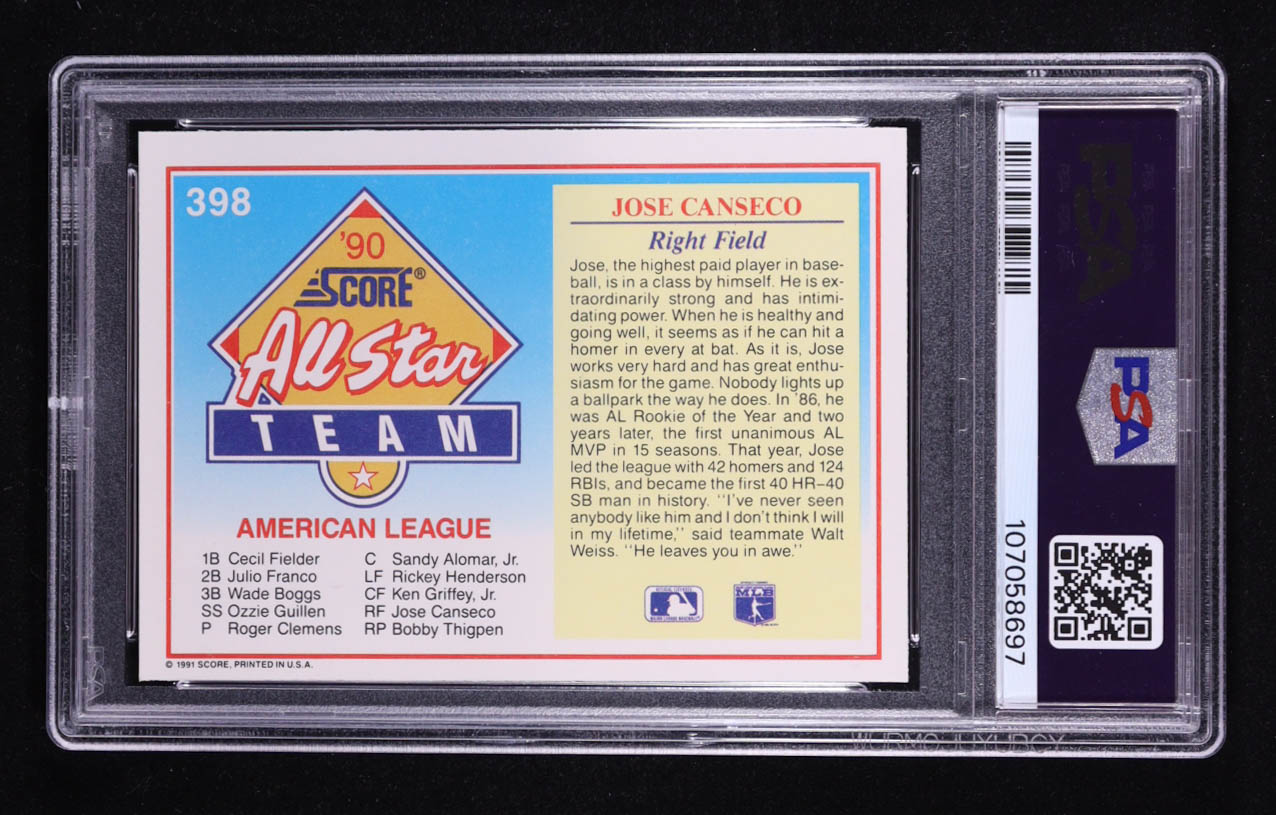 Jose Canseco 1991 Score #398 AS (PSA 8) at PristineAuction.com Jose Canseco 1991 Score #398 AS (PSA 8) at PristineAuction.com