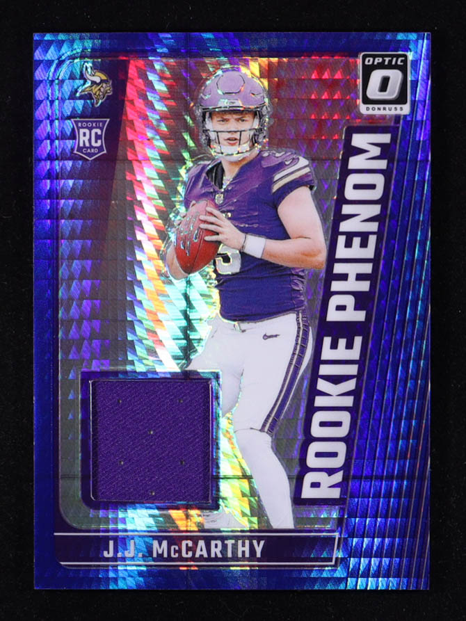 J.J. McCarthy 2024 Donruss Optic Rookie Phenoms Blue Hyper #13 RC at PristineAuction.com J.J. McCarthy 2024 Donruss Optic Rookie Phenoms Blue Hyper #13 RC at PristineAuction.com