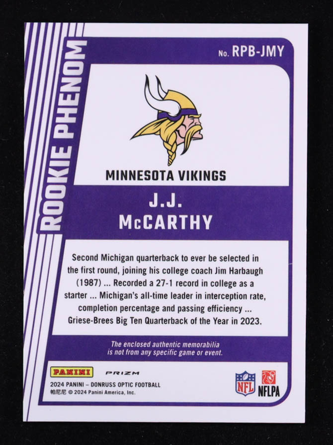 J.J. McCarthy 2024 Donruss Optic Rookie Phenoms Blue Hyper #13 RC at PristineAuction.com J.J. McCarthy 2024 Donruss Optic Rookie Phenoms Blue Hyper #13 RC at PristineAuction.com