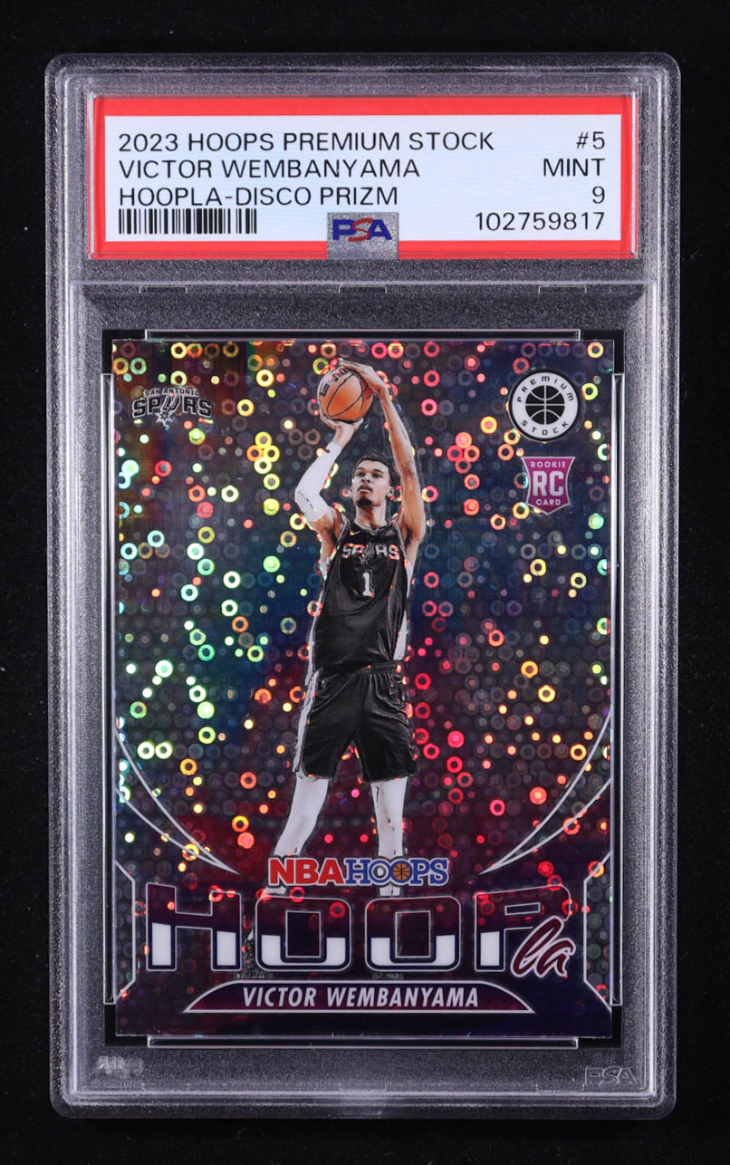 Victor Wembanyama 2023-24 Panini NBA Hoops Premium Stock Hoopla Disco Prizm #5 RC (PSA 9) at PristineAuction.com Victor Wembanyama 2023-24 Panini NBA Hoops Premium Stock Hoopla Disco Prizm #5 RC (PSA 9) at PristineAuction.com