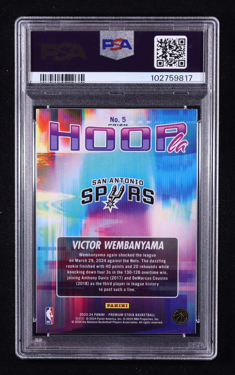 Victor Wembanyama 2023-24 Panini NBA Hoops Premium Stock Hoopla Disco Prizm #5 RC (PSA 9) at PristineAuction.com Victor Wembanyama 2023-24 Panini NBA Hoops Premium Stock Hoopla Disco Prizm #5 RC (PSA 9) at PristineAuction.com