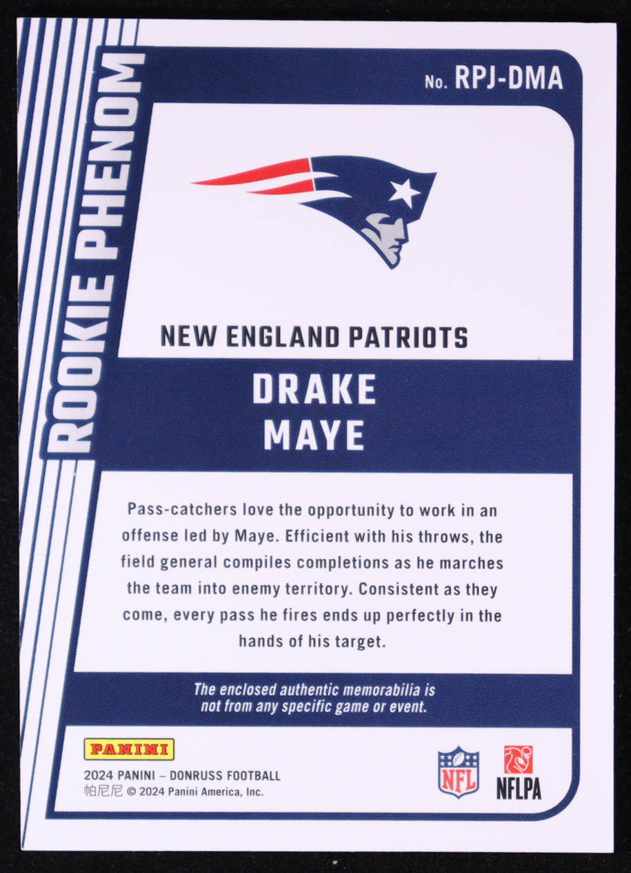 Drake Maye 2024 Donruss Rookie Phenom Jerseys #25 RC at PristineAuction.com Drake Maye 2024 Donruss Rookie Phenom Jerseys #25 RC at PristineAuction.com