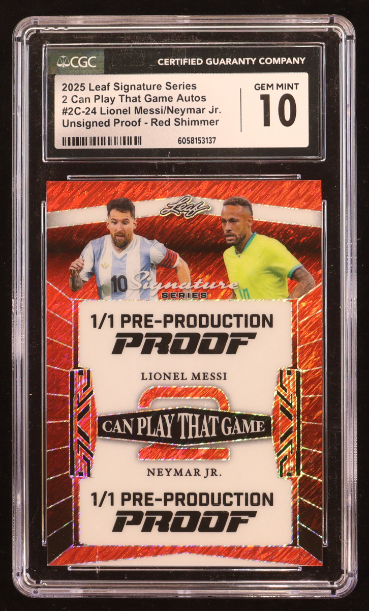 Lionel Messi / Neymar Jr. 2025 Leaf Signature Series 2 Can Play That Game Shimmer Red Pre-Production Proof #2C24 #1/1 (CGC 10) at PristineAuction.com Lionel Messi / Neymar Jr. 2025 Leaf Signature Series 2 Can Play That Game Shimmer Red Pre-Production Proof #2C24 #1/1 (CGC 10) at PristineAuction.com