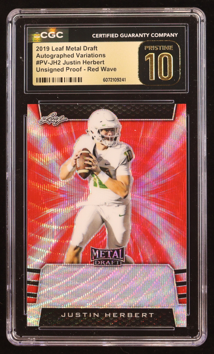 Justin Herbert 2019 Leaf Metal Draft Variations Wave Red Pre-Production Proof #PVJH2 #1/1 (CGC 10 | Pristine Black Label) at PristineAuction.com Justin Herbert 2019 Leaf Metal Draft Variations Wave Red Pre-Production Proof #PVJH2 #1/1 (CGC 10 | Pristine Black Label) at PristineAuction.com