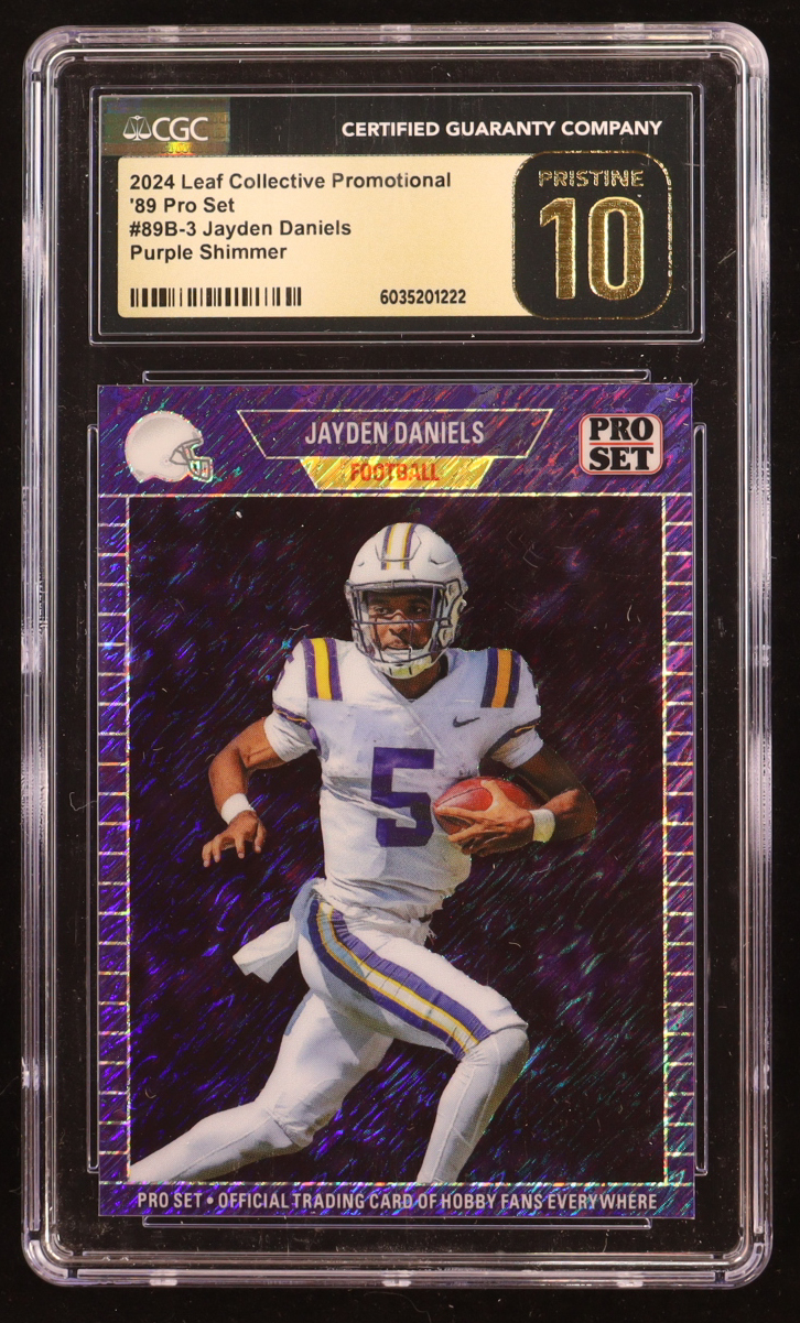 Jayden Daniels 2024 Leaf '89 Pro Set Base Collective Promo Purple Shimmer #89B3 RC #168/199 (CGC 10 | Pristine Black Label) at PristineAuction.com Jayden Daniels 2024 Leaf '89 Pro Set Base Collective Promo Purple Shimmer #89B3 RC #168/199 (CGC 10 | Pristine Black Label) at PristineAuction.com