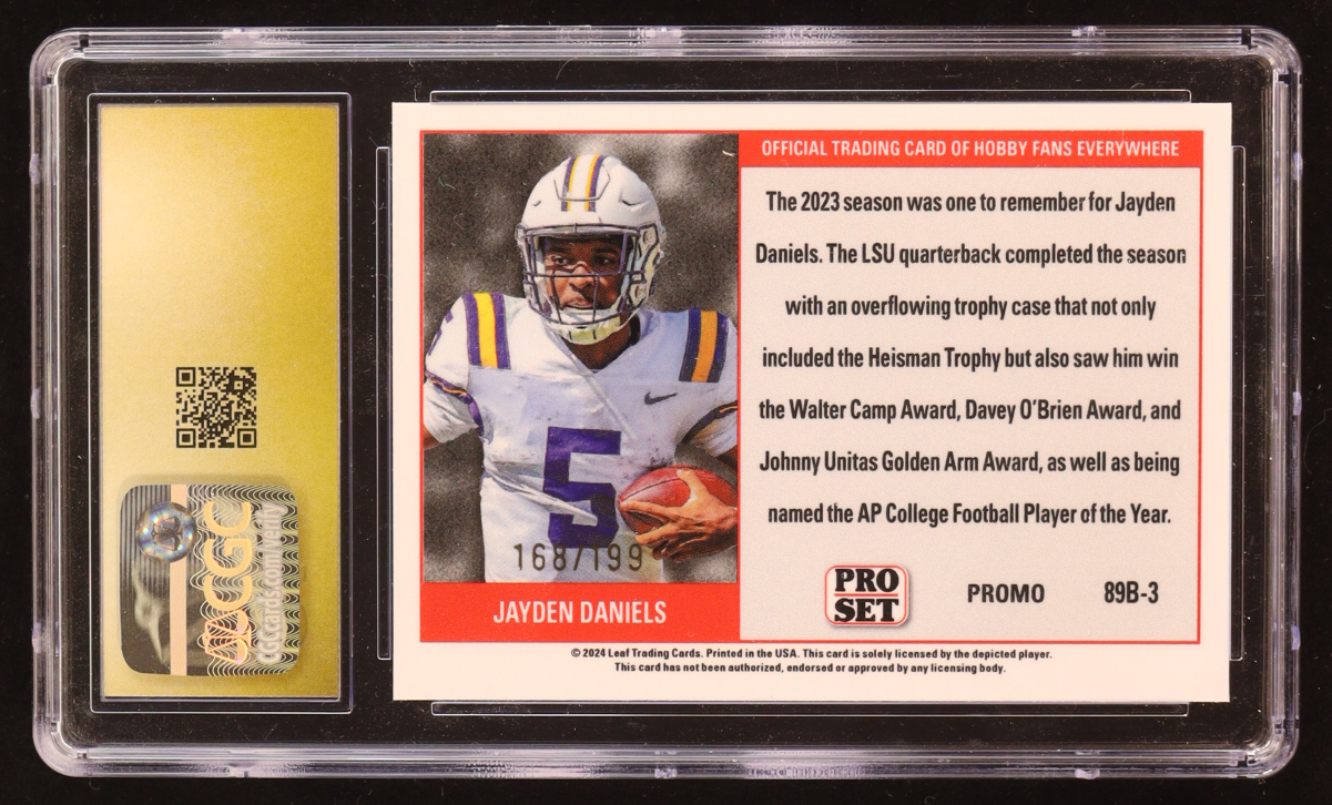 Jayden Daniels 2024 Leaf '89 Pro Set Base Collective Promo Purple Shimmer #89B3 RC #168/199 (CGC 10 | Pristine Black Label) at PristineAuction.com Jayden Daniels 2024 Leaf '89 Pro Set Base Collective Promo Purple Shimmer #89B3 RC #168/199 (CGC 10 | Pristine Black Label) at PristineAuction.com