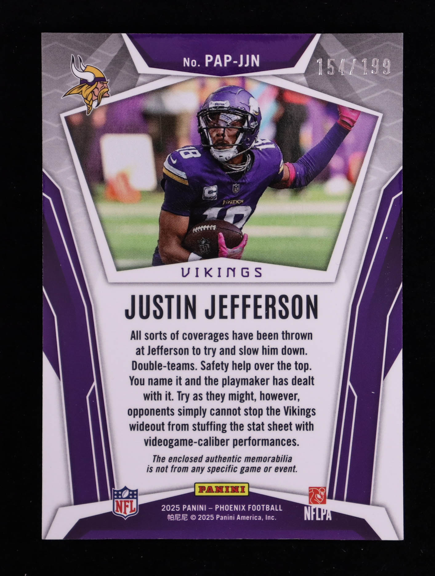 Justin Jefferson 2025 Panini Phoenix Pandora Patches Blue #14 #154/199 at PristineAuction.com Justin Jefferson 2025 Panini Phoenix Pandora Patches Blue #14 #154/199 at PristineAuction.com