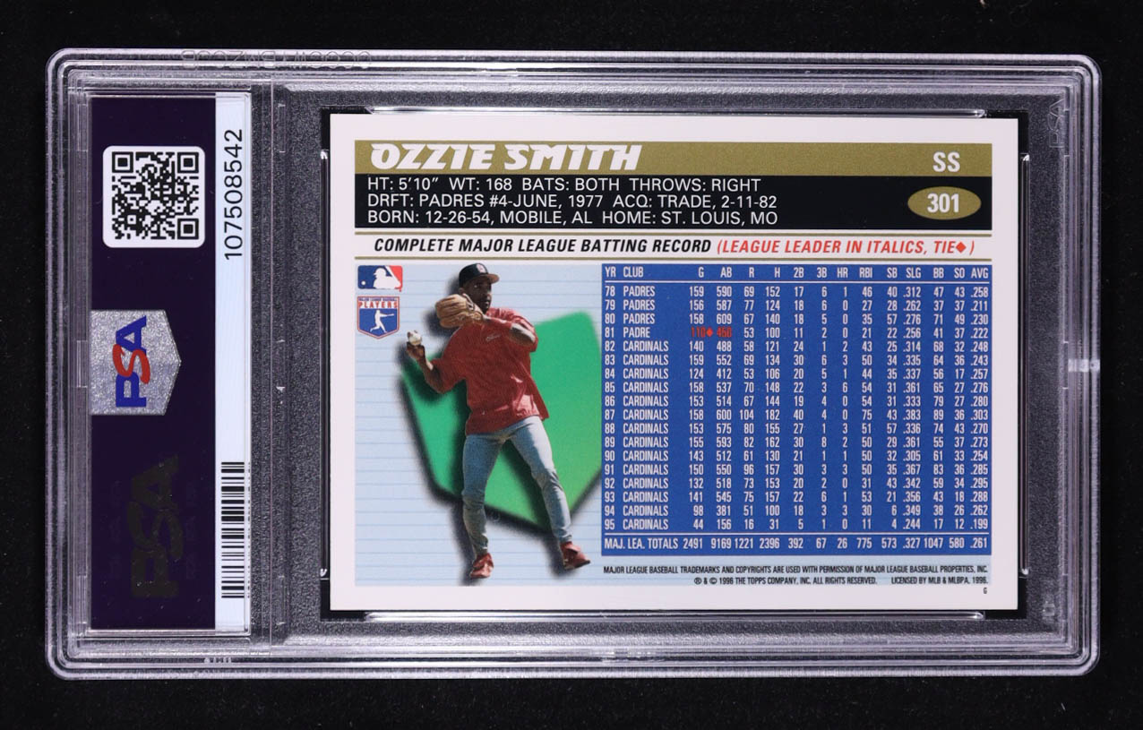 Ozzie Smith 1996 Topps #301 (PSA 10) at PristineAuction.com Ozzie Smith 1996 Topps #301 (PSA 10) at PristineAuction.com