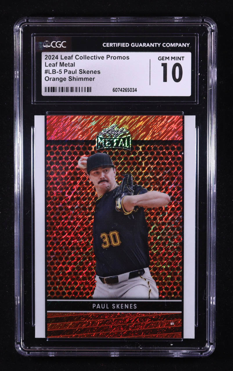 Paul Skenes 2024 Leaf Collective Promos Leaf Metal Orange Shimmer #LB-5 RC #112/299 (CGC 10) at PristineAuction.com Paul Skenes 2024 Leaf Collective Promos Leaf Metal Orange Shimmer #LB-5 RC #112/299 (CGC 10) at PristineAuction.com