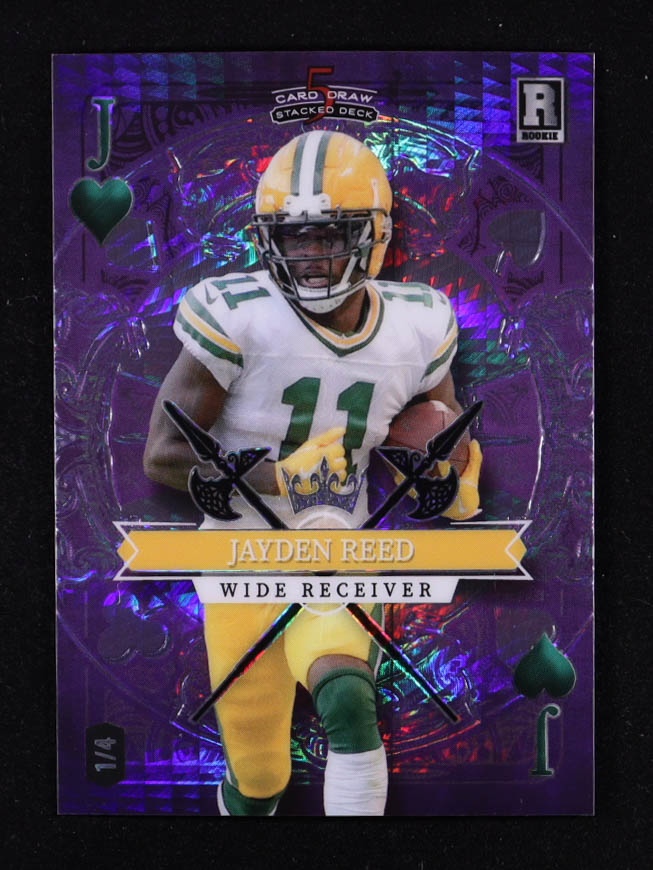 Jayden Reed 2023 Wild Card 5 Card Draw Stacked Deck Purple Hyper #SDJR #1/4 RC at PristineAuction.com Jayden Reed 2023 Wild Card 5 Card Draw Stacked Deck Purple Hyper #SDJR #1/4 RC at PristineAuction.com