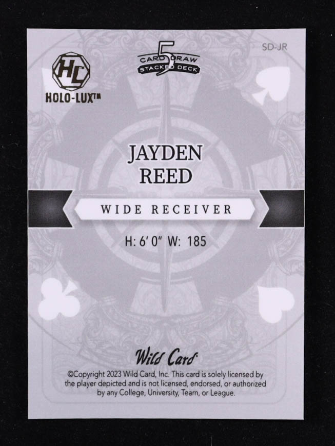Jayden Reed 2023 Wild Card 5 Card Draw Stacked Deck Purple Hyper #SDJR #1/4 RC at PristineAuction.com Jayden Reed 2023 Wild Card 5 Card Draw Stacked Deck Purple Hyper #SDJR #1/4 RC at PristineAuction.com