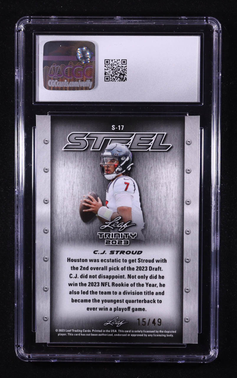 CJ Stroud 2023 Leaf Trinity Mega Box Steel Purple Stars & Dots #S-17 RC #15/49 (CGC 8.5) at PristineAuction.com CJ Stroud 2023 Leaf Trinity Mega Box Steel Purple Stars & Dots #S-17 RC #15/49 (CGC 8.5) at PristineAuction.com