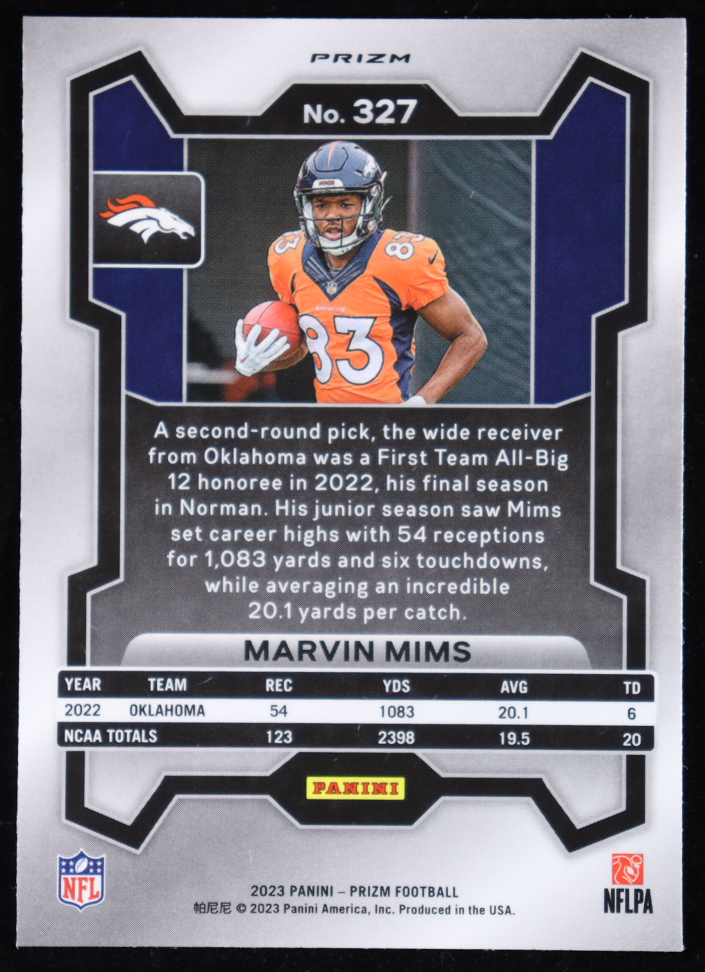 Marvin Mims 2023 Panini Prizm Prizms Red Sparkle #327 RC at PristineAuction.com Marvin Mims 2023 Panini Prizm Prizms Red Sparkle #327 RC at PristineAuction.com