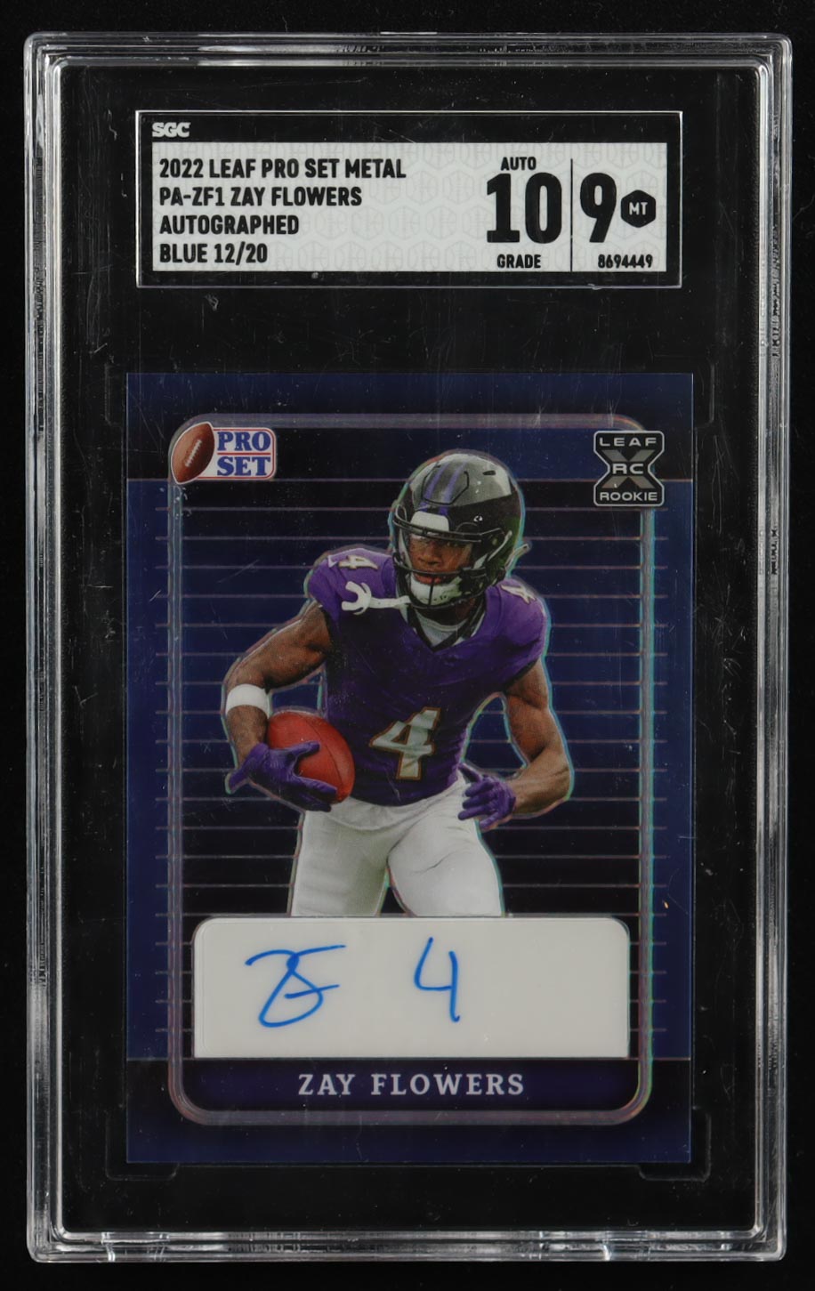 Zay Flowers 2022 Leaf Pro Set Metal Mojo Blue Autograph #PAZF1 RC #12/20 (SGC 9) at PristineAuction.com Zay Flowers 2022 Leaf Pro Set Metal Mojo Blue Autograph #PAZF1 RC #12/20 (SGC 9) at PristineAuction.com
