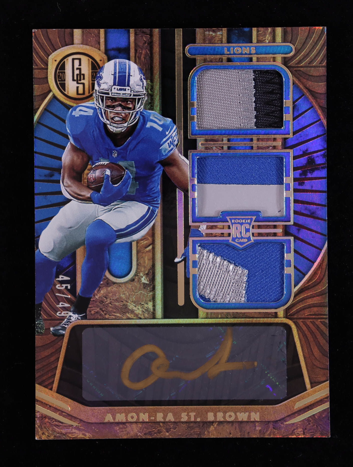 Amon-Ra St. Brown 2021 Panini Gold Standard Rookie Jersey Autographs Triple Prime #289 RC #45/49 at PristineAuction.com Amon-Ra St. Brown 2021 Panini Gold Standard Rookie Jersey Autographs Triple Prime #289 RC #45/49 at PristineAuction.com