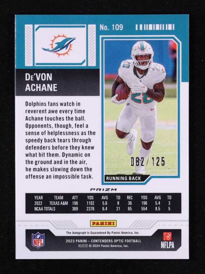 De'Von Achane 2023 Panini Contenders Optic Red #109 #082/125 RC at PristineAuction.com De'Von Achane 2023 Panini Contenders Optic Red #109 #082/125 RC at PristineAuction.com