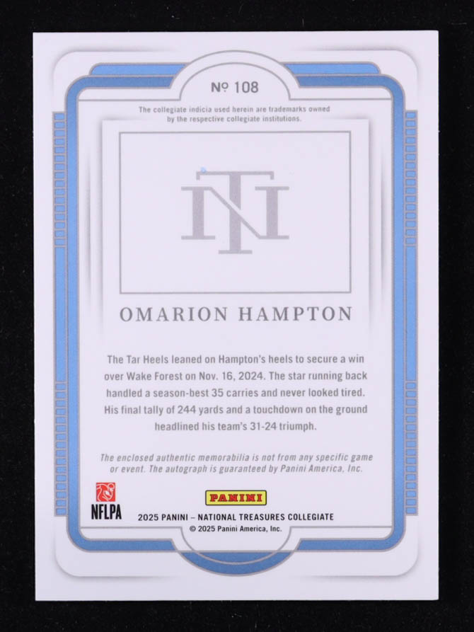 Omarion Hampton 2025 Panini National Treasures Collegiate #108 #55/99 JSY AU RC at PristineAuction.com Omarion Hampton 2025 Panini National Treasures Collegiate #108 #55/99 JSY AU RC at PristineAuction.com