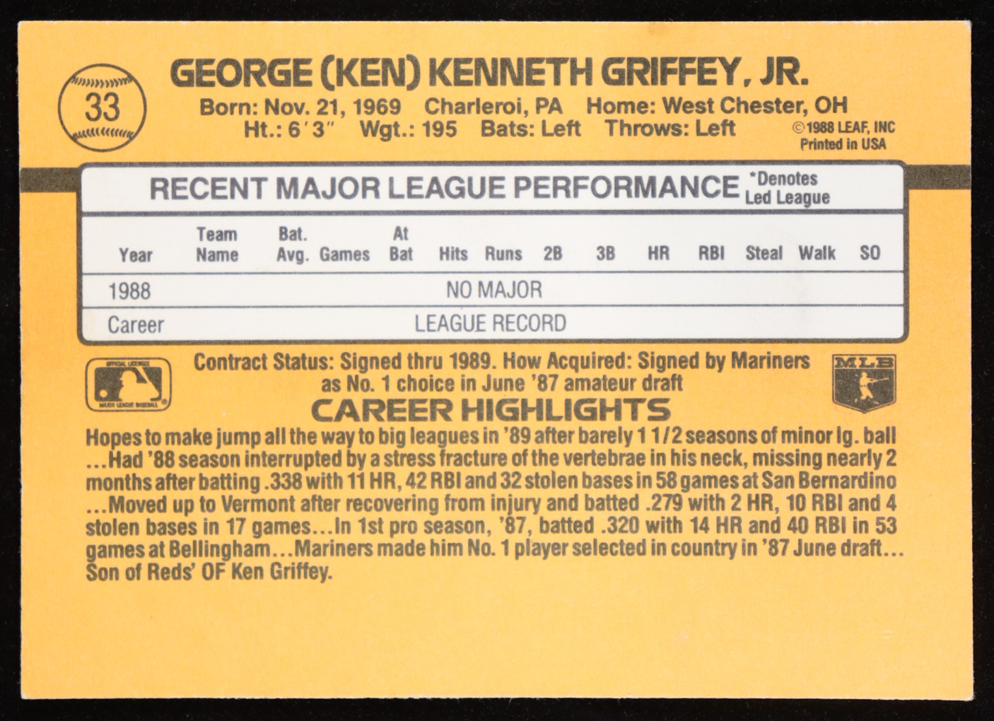Ken Griffey Jr. 1989 Donruss #33 RR RC at PristineAuction.com Ken Griffey Jr. 1989 Donruss #33 RR RC at PristineAuction.com
