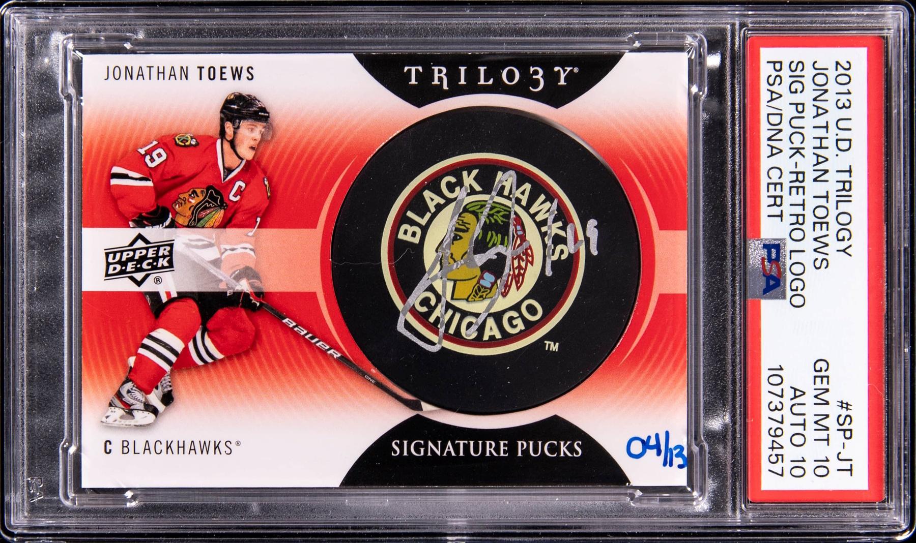 Jonathan Toews 2013-14 Upper Deck Trilogy Signature Puck Retro Logo #SP-JT #4/13 (PSA 10 | Auto 10) at PristineAuction.com Jonathan Toews 2013-14 Upper Deck Trilogy Signature Puck Retro Logo #SP-JT #4/13 (PSA 10 | Auto 10) at PristineAuction.com