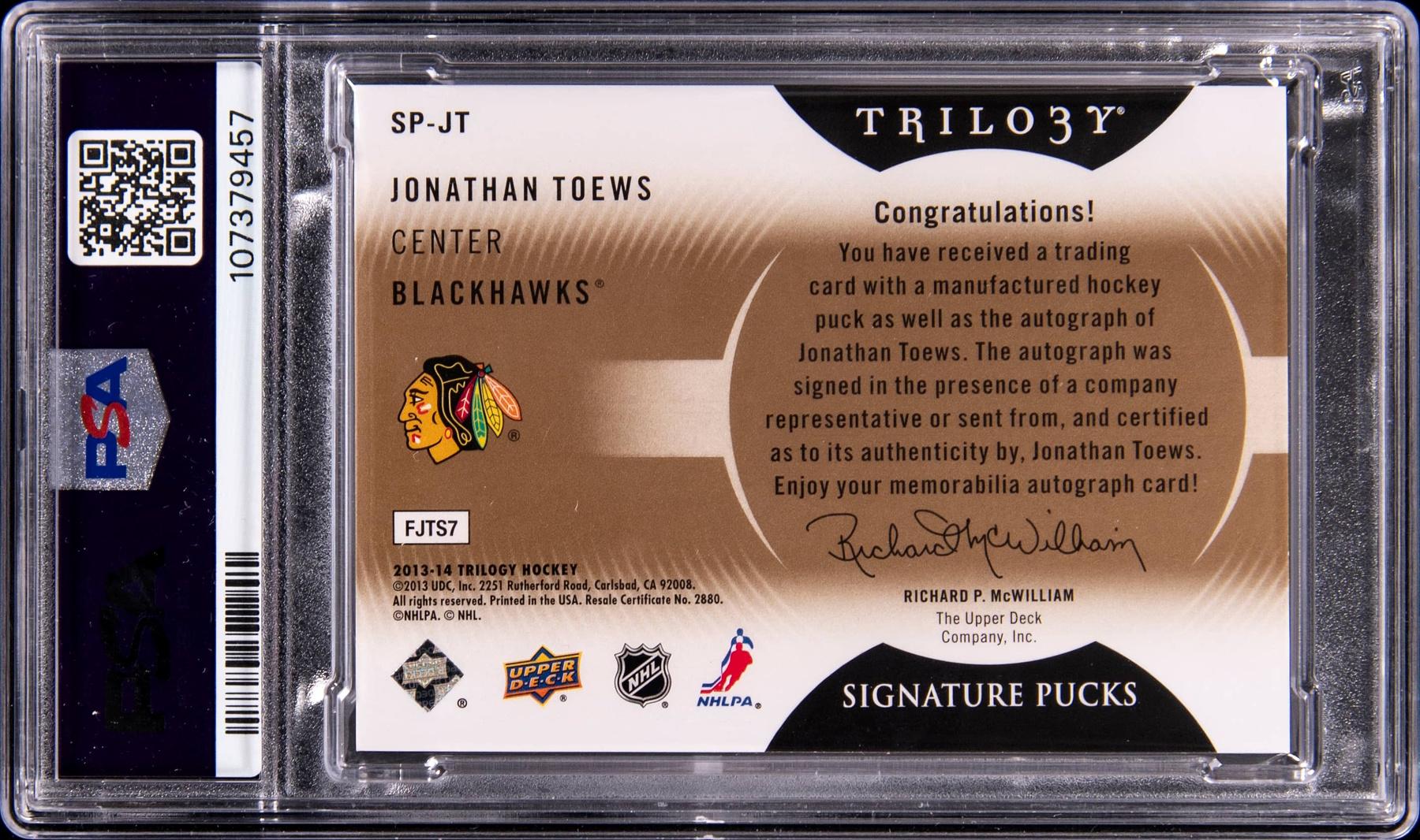 Jonathan Toews 2013-14 Upper Deck Trilogy Signature Puck Retro Logo #SP-JT #4/13 (PSA 10 | Auto 10) at PristineAuction.com Jonathan Toews 2013-14 Upper Deck Trilogy Signature Puck Retro Logo #SP-JT #4/13 (PSA 10 | Auto 10) at PristineAuction.com