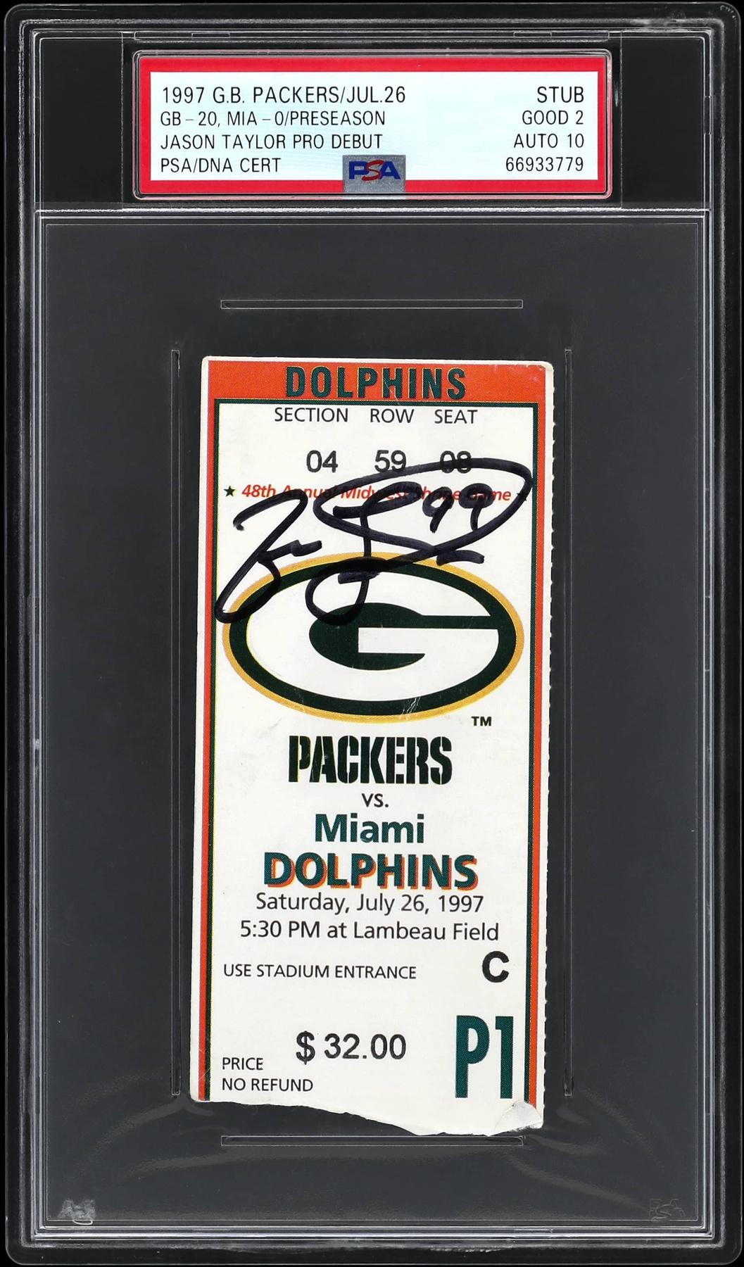 Jason Taylor Signed 1997 NFL Debut Dolphins Ticket Stub (PSA 2 | Auto 10) at PristineAuction.com Jason Taylor Signed 1997 NFL Debut Dolphins Ticket Stub (PSA 2 | Auto 10) at PristineAuction.com