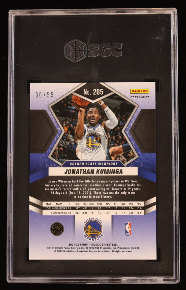 Jonathan Kuminga 2021-22 Panini Mosaic Mosaic Blue #205 #30/99 RC (SGC 9.5) at PristineAuction.com Jonathan Kuminga 2021-22 Panini Mosaic Mosaic Blue #205 #30/99 RC (SGC 9.5) at PristineAuction.com