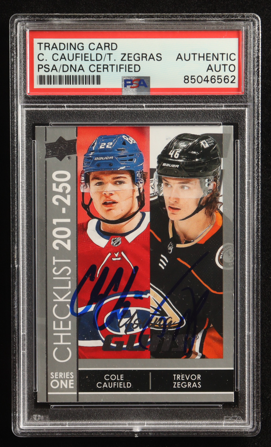 Cole Caufield & Trevor Zegras Signed 2021-22 Upper Deck YG CL #250 (PSA) at PristineAuction.com Cole Caufield & Trevor Zegras Signed 2021-22 Upper Deck YG CL #250 (PSA) at PristineAuction.com