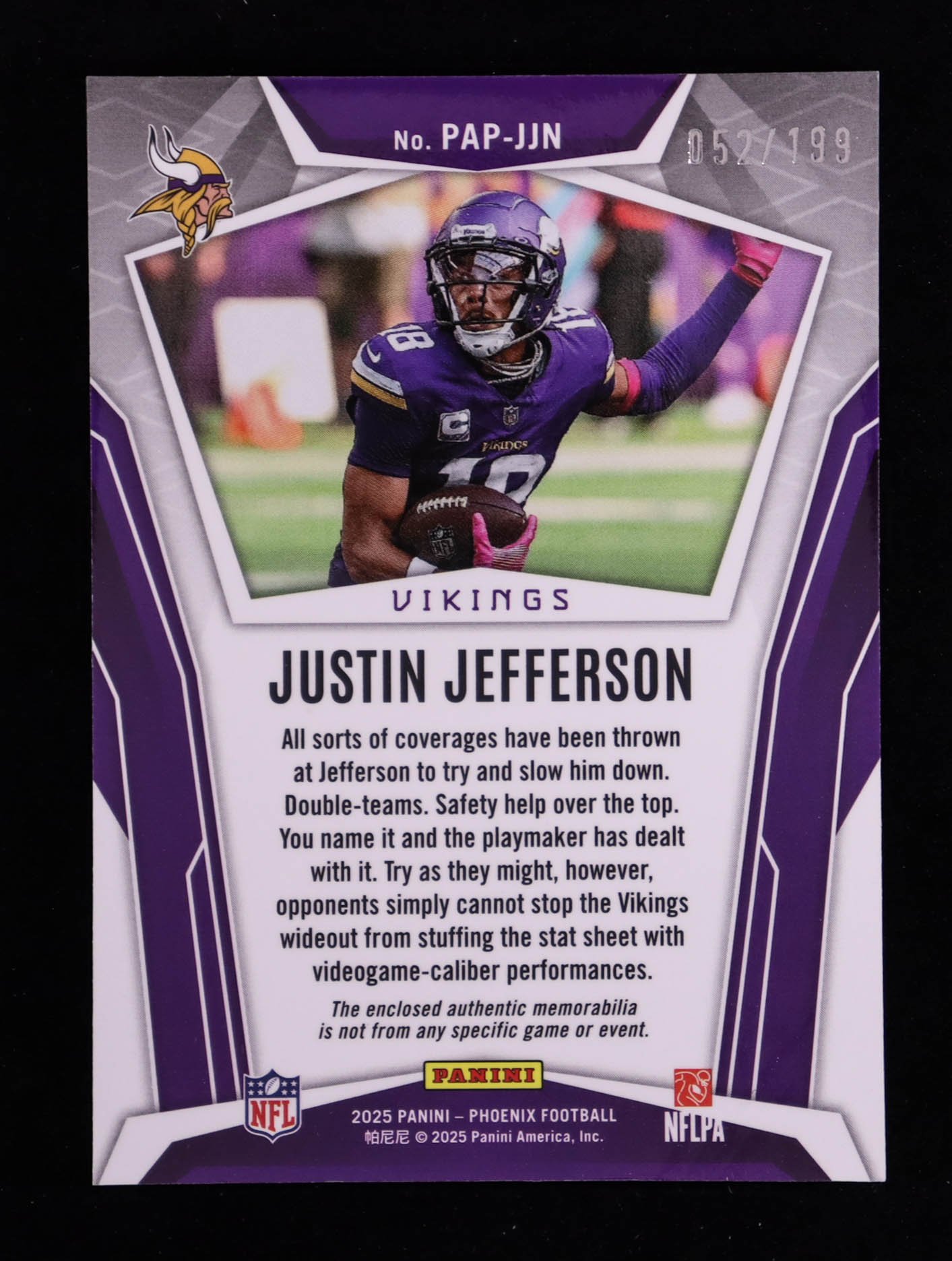 Justin Jefferson 2025 Panini Phoenix Pandora Patches Blue #14 #052/199 at PristineAuction.com Justin Jefferson 2025 Panini Phoenix Pandora Patches Blue #14 #052/199 at PristineAuction.com