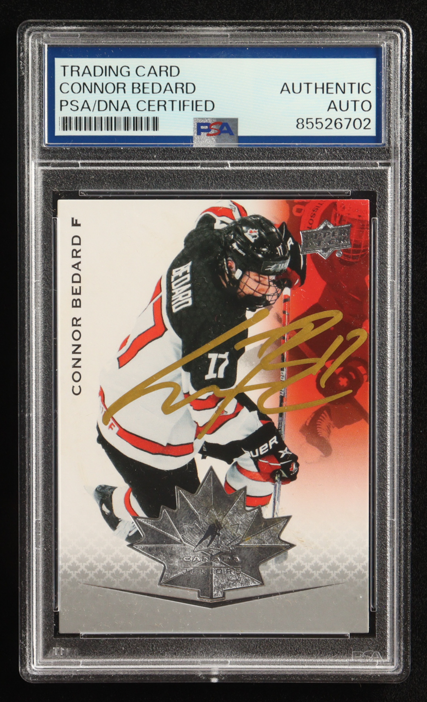 Connor Bedard Signed 2021-22 Upper Deck Team Canada Juniors U18 #76 RC (PSA) at PristineAuction.com Connor Bedard Signed 2021-22 Upper Deck Team Canada Juniors U18 #76 RC (PSA) at PristineAuction.com