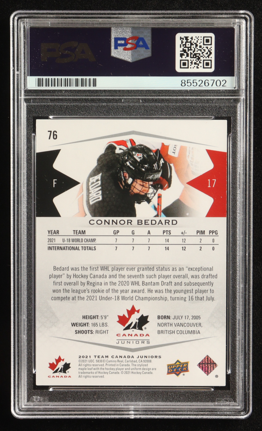 Connor Bedard Signed 2021-22 Upper Deck Team Canada Juniors U18 #76 RC (PSA) at PristineAuction.com Connor Bedard Signed 2021-22 Upper Deck Team Canada Juniors U18 #76 RC (PSA) at PristineAuction.com