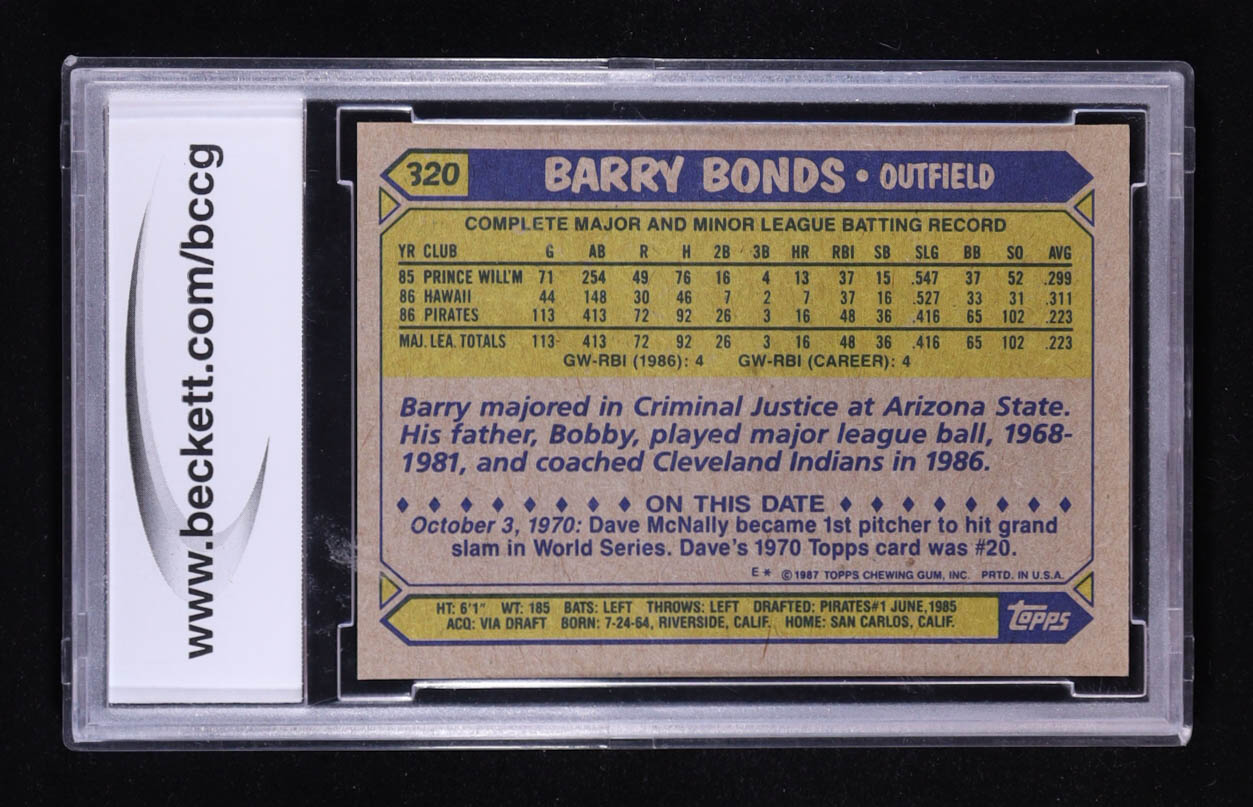 Barry Bonds 1987 Topps #320 RC (BCCG 10) at PristineAuction.com Barry Bonds 1987 Topps #320 RC (BCCG 10) at PristineAuction.com
